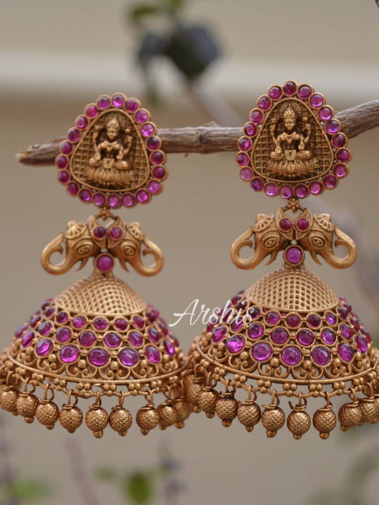 Gold Beads Temple Lakshmi Jhumkas-01