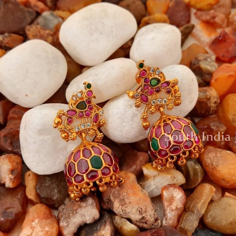 Peacock Design Kemp Stones Jhumkas