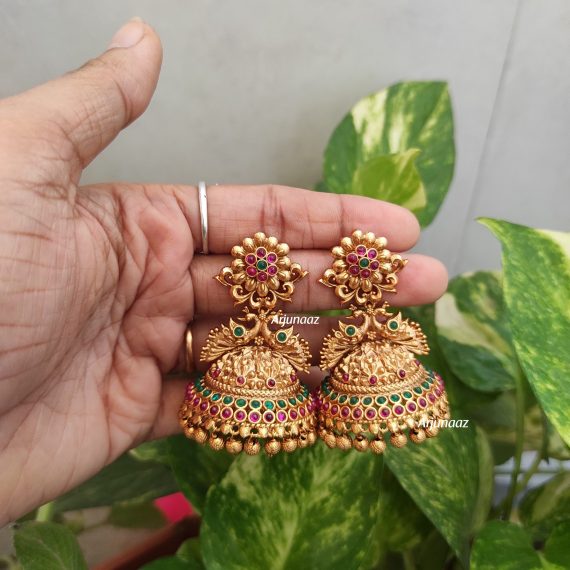 Flower Design Red & Green Stone Jhumka-02