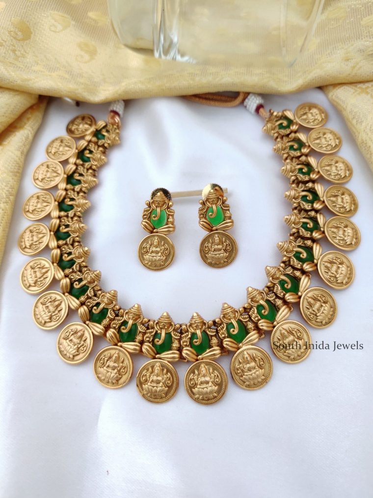 Green Ganesha and Lakshmi Coin Necklace