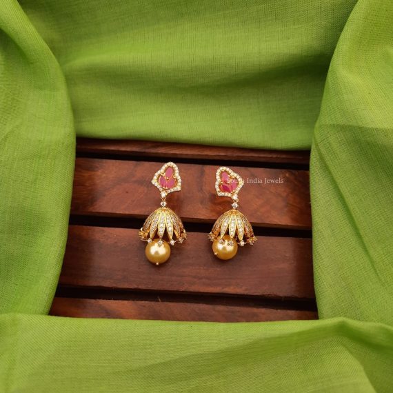 Leaf Design CZ Stone Jhumkas