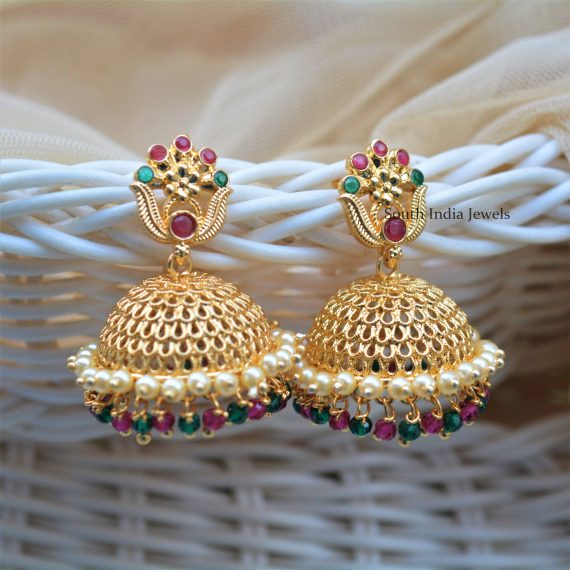 Gold Polish Jhumkas with Pearls and Beads