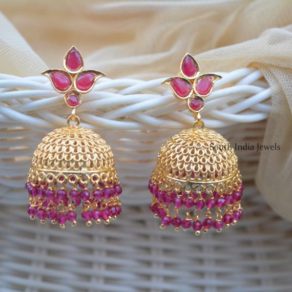 Ruby Stones Earrings with Beads Hanging Jhumkas