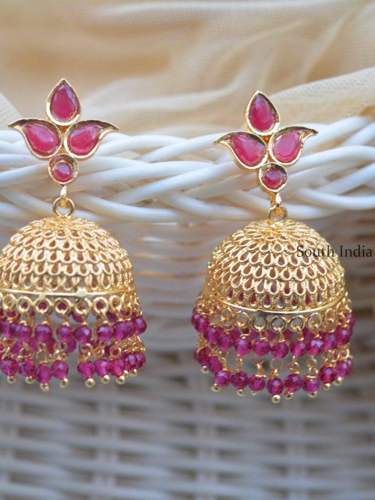 Ruby Stones Earrings with Beads Hanging Jhumkas