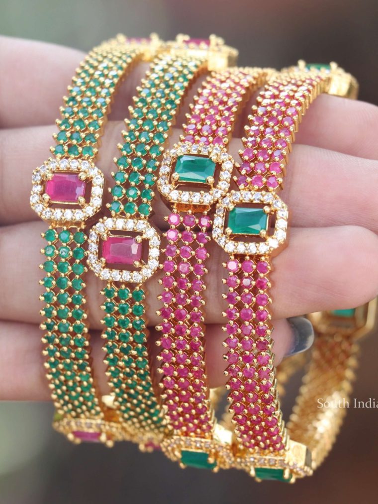 Elegant Ruby & Green Stone Bangle Set (3)