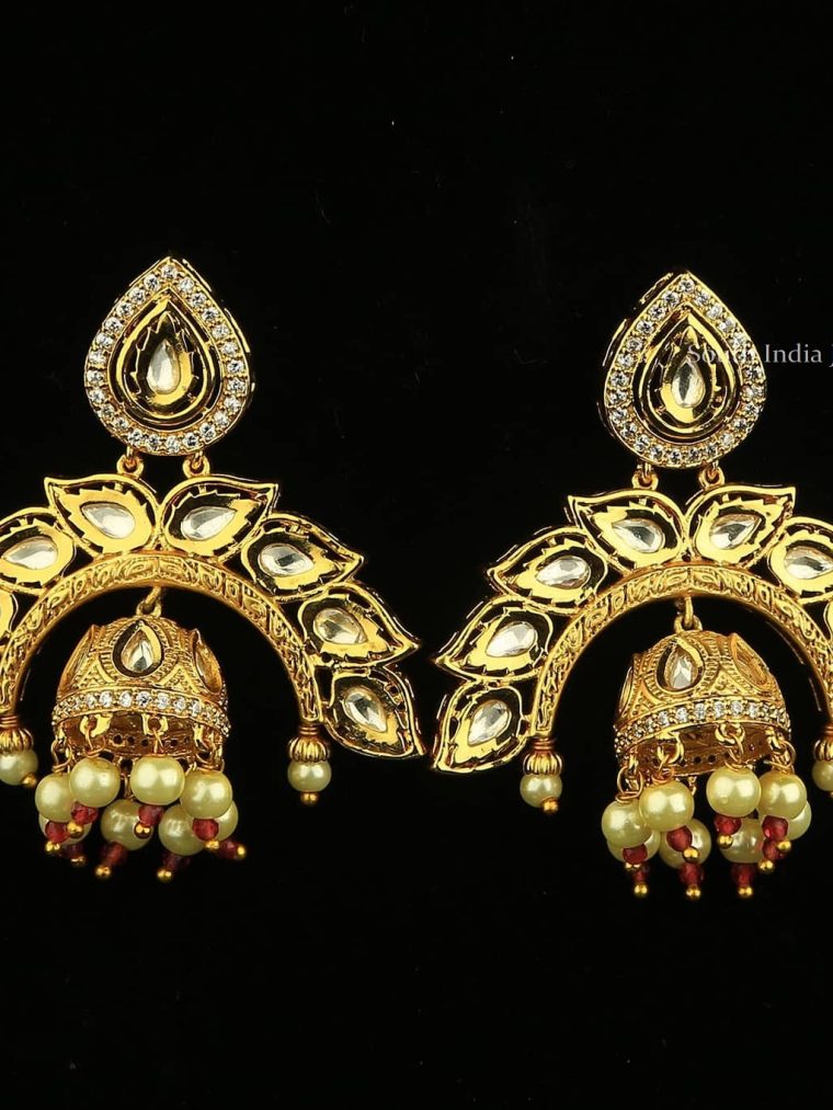 Gold Finish Kundan Half Moon Earrings