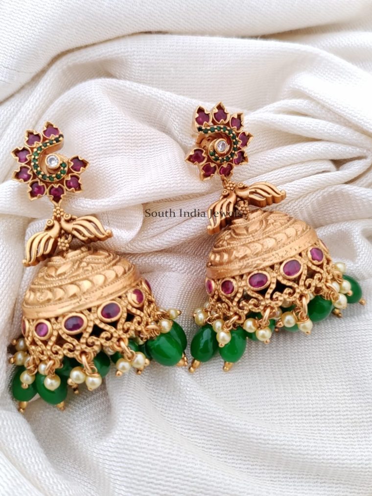 Matte Finish Multi Stones Jhumkas with Green Beads Hangings