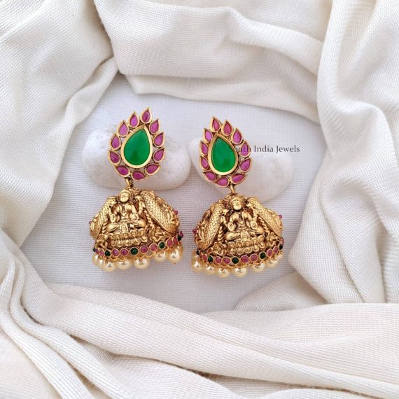 Matte Finish Green Stone Earrings with Lakshmi Jhumkas