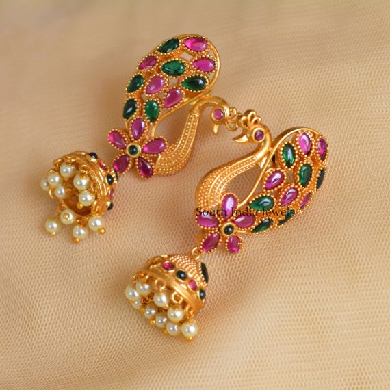 Gold Finish Peacock Kemp Jhumkas