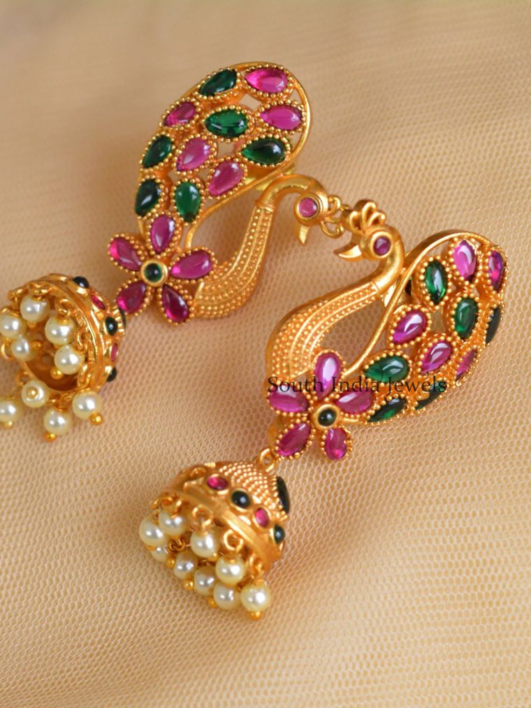 Gold Finish Peacock Kemp Jhumkas