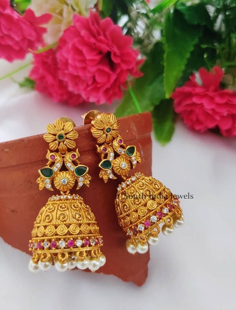 Matte Finish Flower Earrings with Dual Peacock Jhumkas