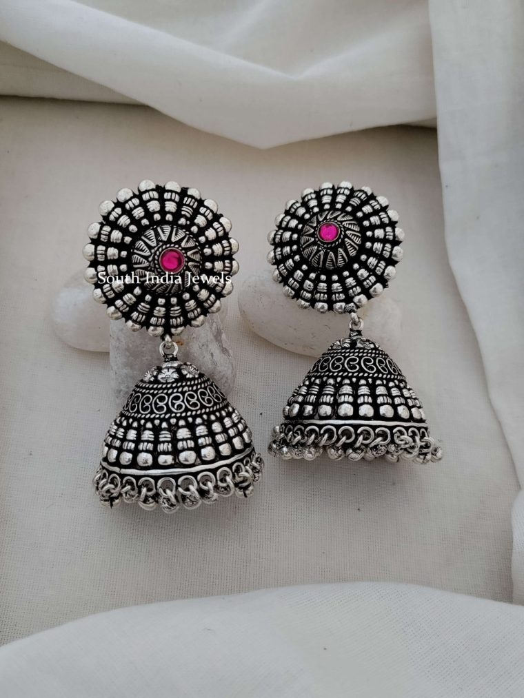 Floral German Silver Jhumkas