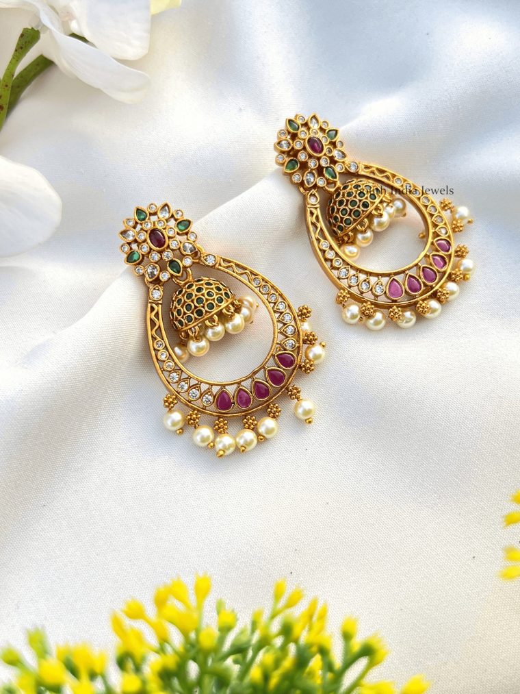 Matte Finish Chandbali Design Earrings with Jhumkas