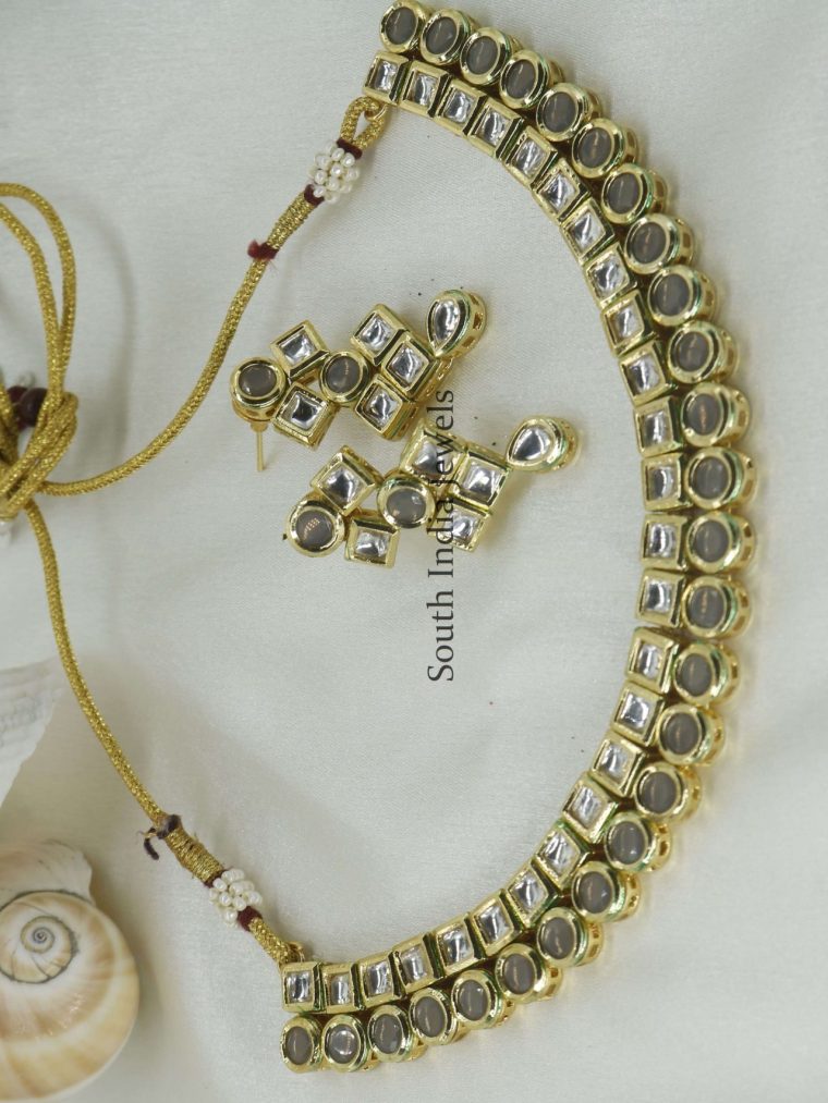 Grey Square Round Kundan Necklace