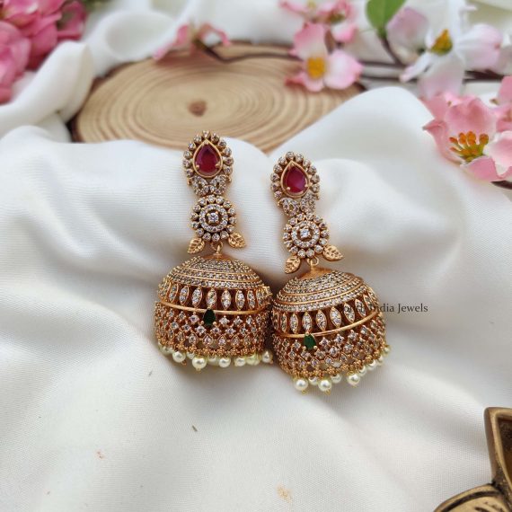 Pink and Green Stone Bridal Jhumkas (2)