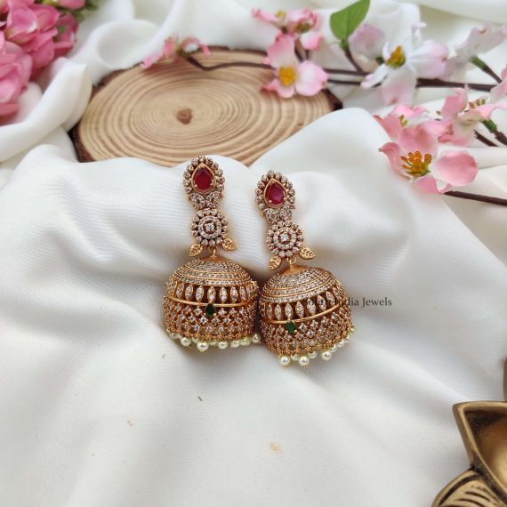 Pink and Green Stone Bridal Jhumkas