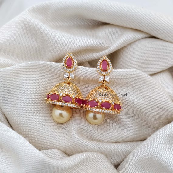 Ruby and CZ Stones Jhumkas with Pearl Drop