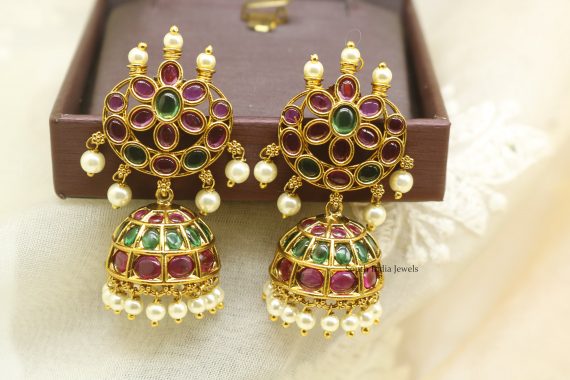 Ruby Green Pearl Cresent Shape Jhumkas