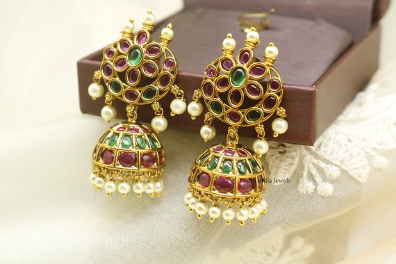 Ruby Green Pearl Cresent Shape Jhumkas