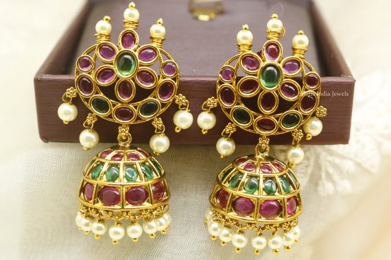 Ruby Green Pearl Cresent Shape Jhumkas