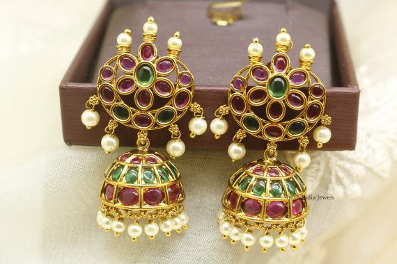 Ruby Green Pearl Cresent Shape Jhumkas