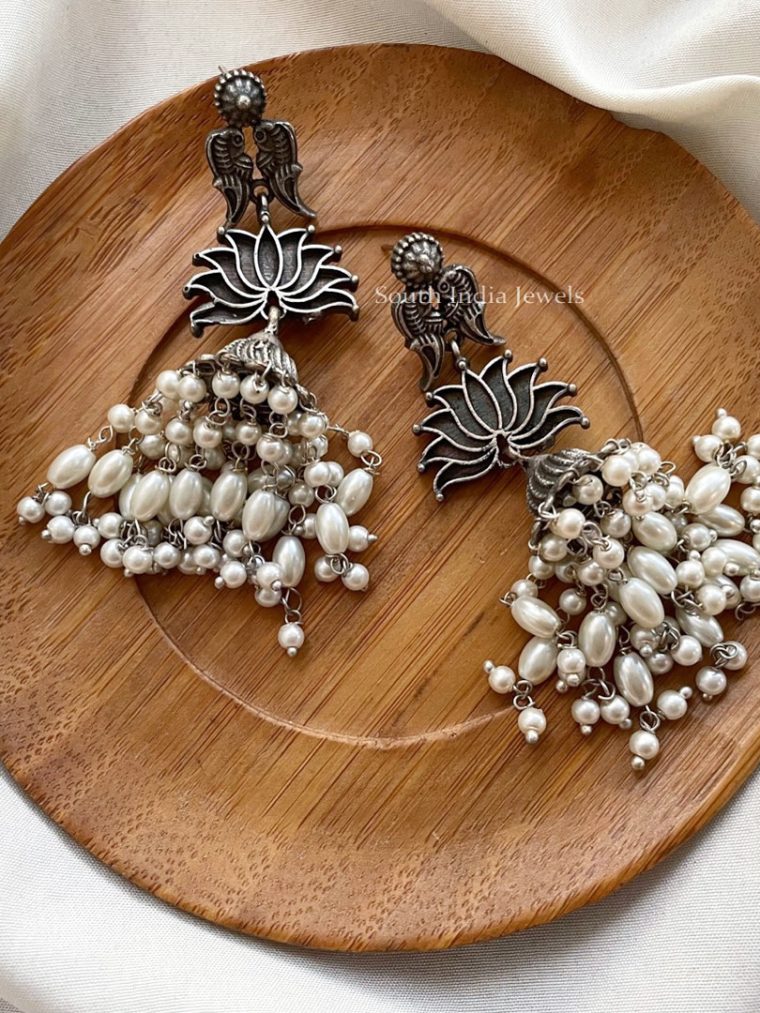 Silverlook Alike Lotus Pearl Jhumkas