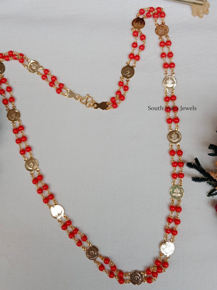 Two Layered Coral Chain With Lakshmi Coin