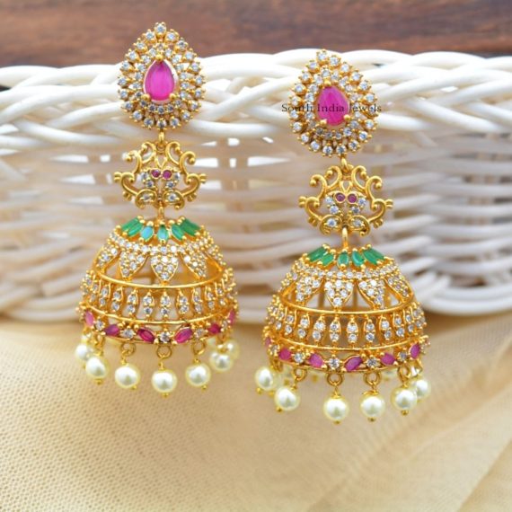 Matte Finish AD Stones Jhumkas with Pearl Hangings