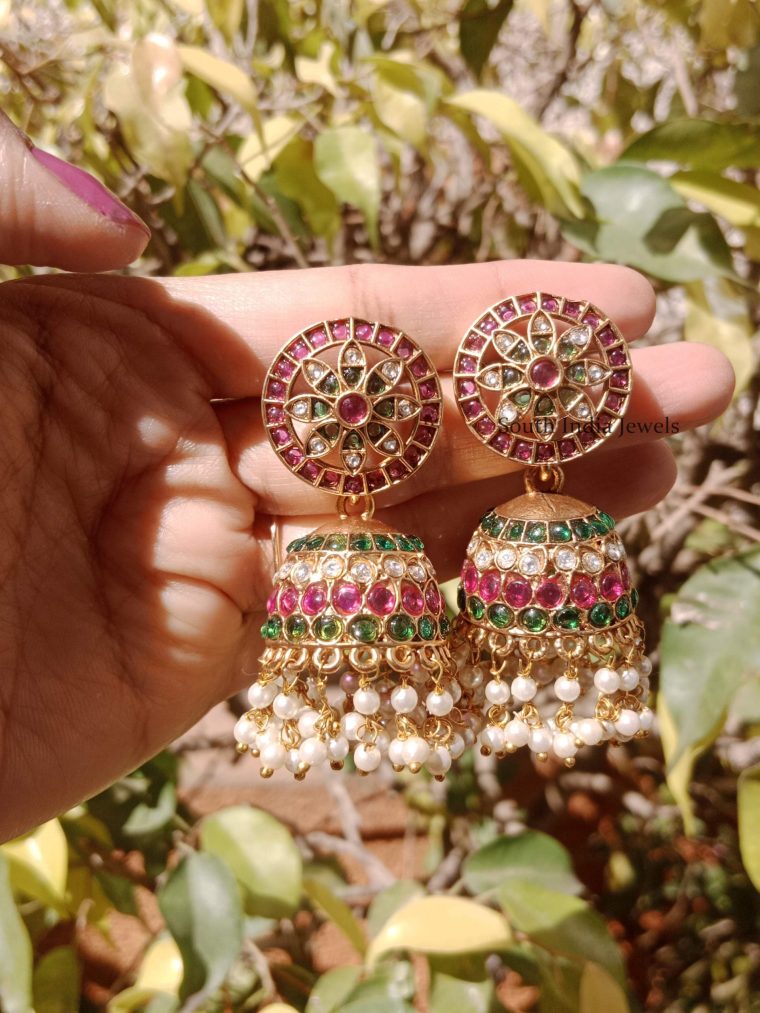 Tricolor Multi Stones Pearls Jhumkas