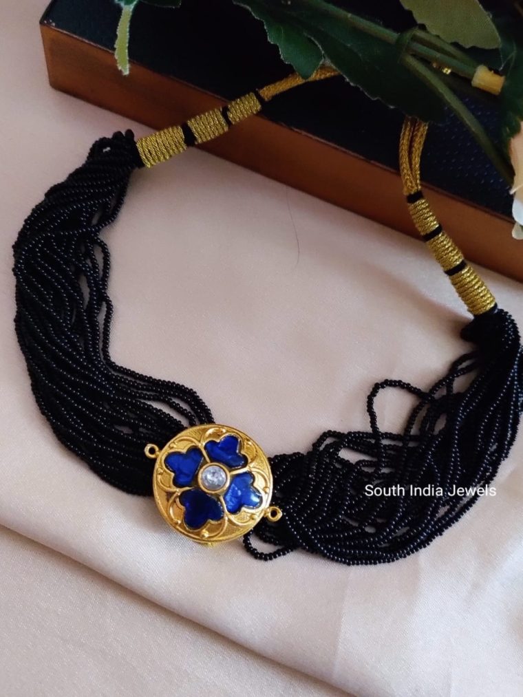 Black Bead Blue Jadua Kundan Choker