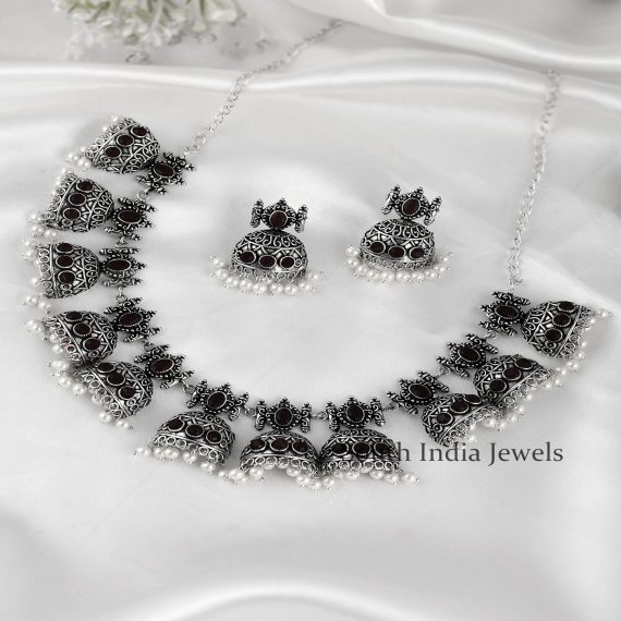 German Silver Black stone and Pearls Necklace Set