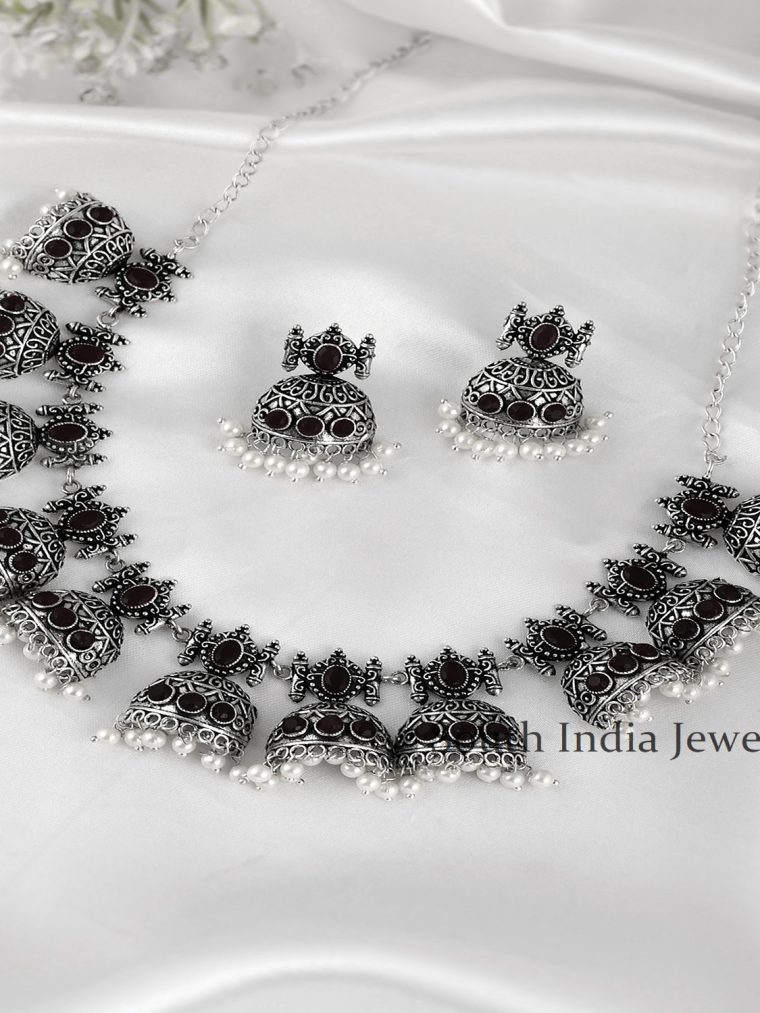 German Silver Black stone and Pearls Necklace Set