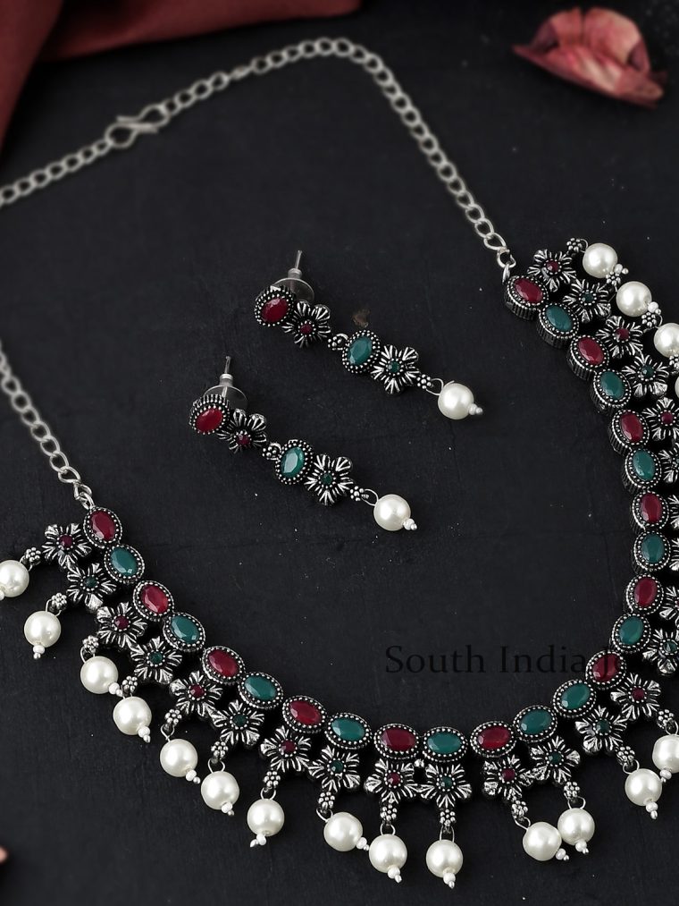 German Silver Red and Green Stone Necklace Set