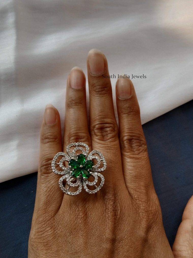 Emeralds and American Diamond Flower Ring