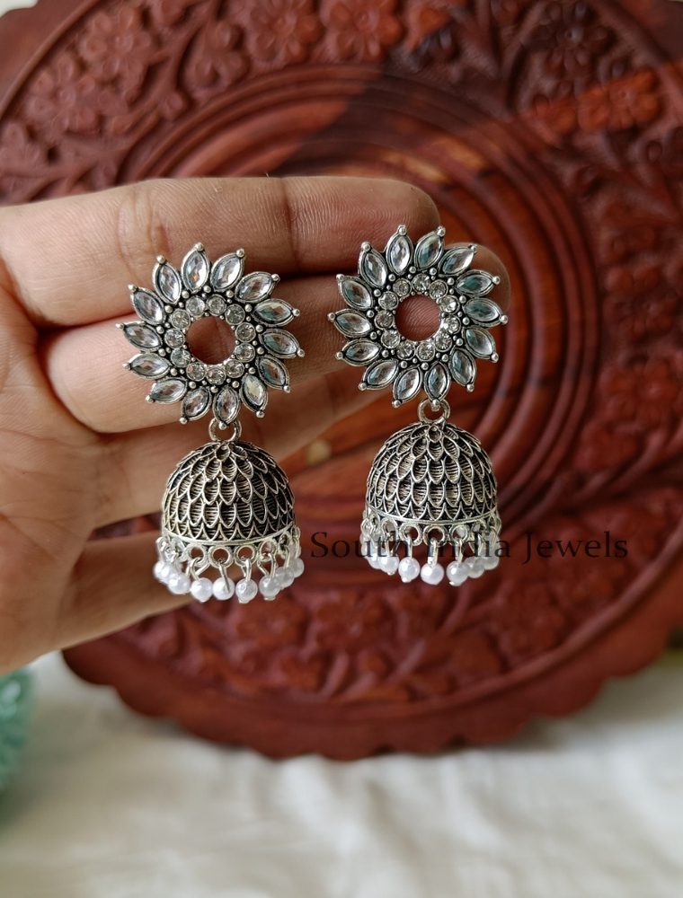 Charming Black Metal Pearl Hanging Jhumkas