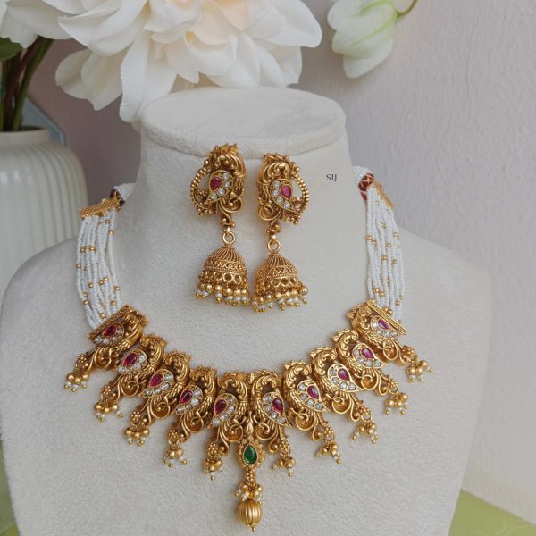 Peacock Antique Neckset in Cluster Pearl Chain