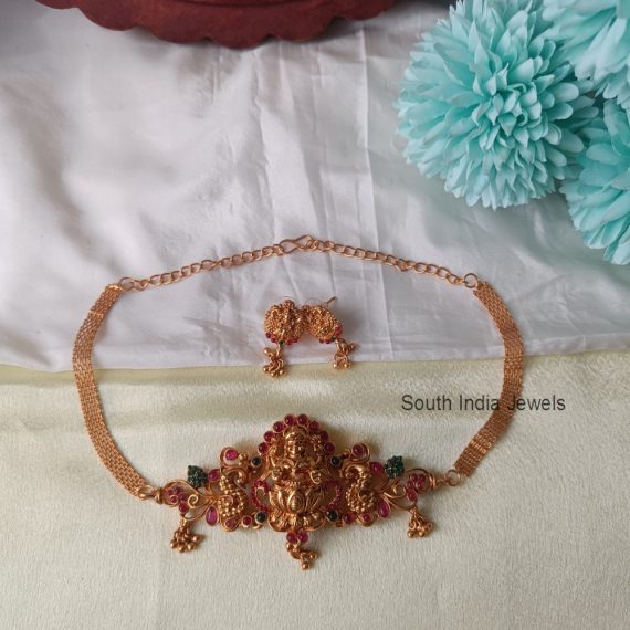 Traditional Pink And Green Stone Lakshmi Choker Set