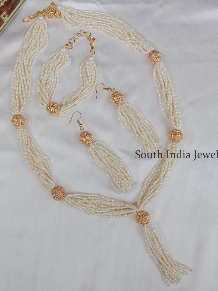 Stunning Gold Bead With Pearl Bunch Necklace Set