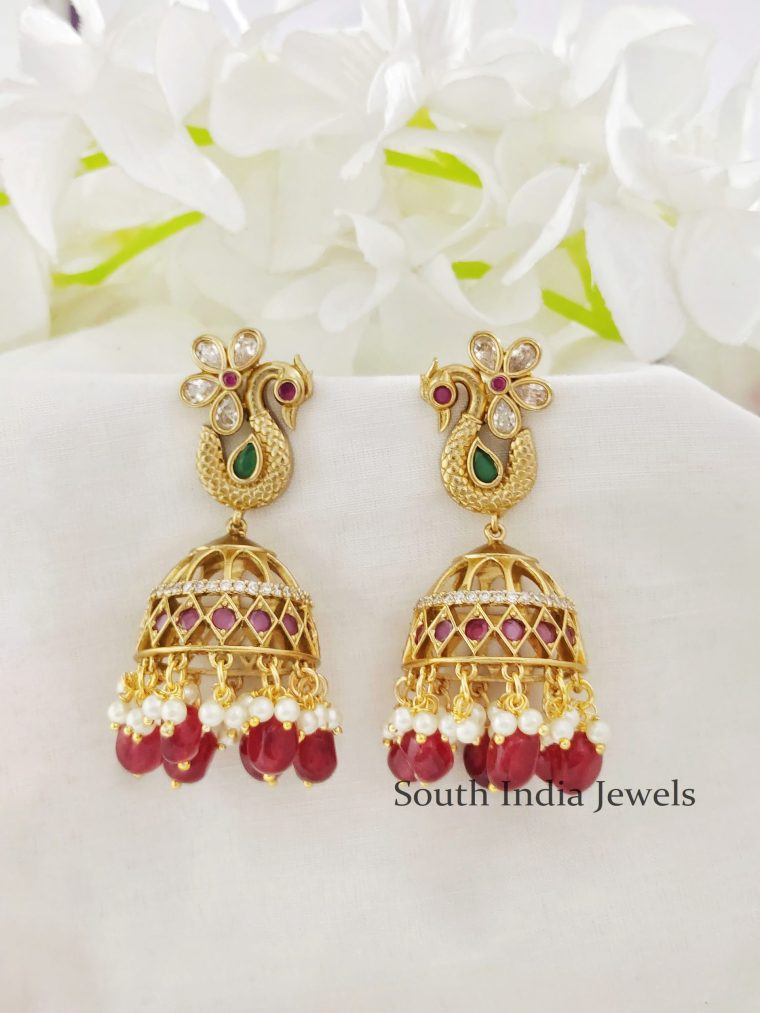 Peacock Red Monalisa Beads Kemp Jhumka Earrings