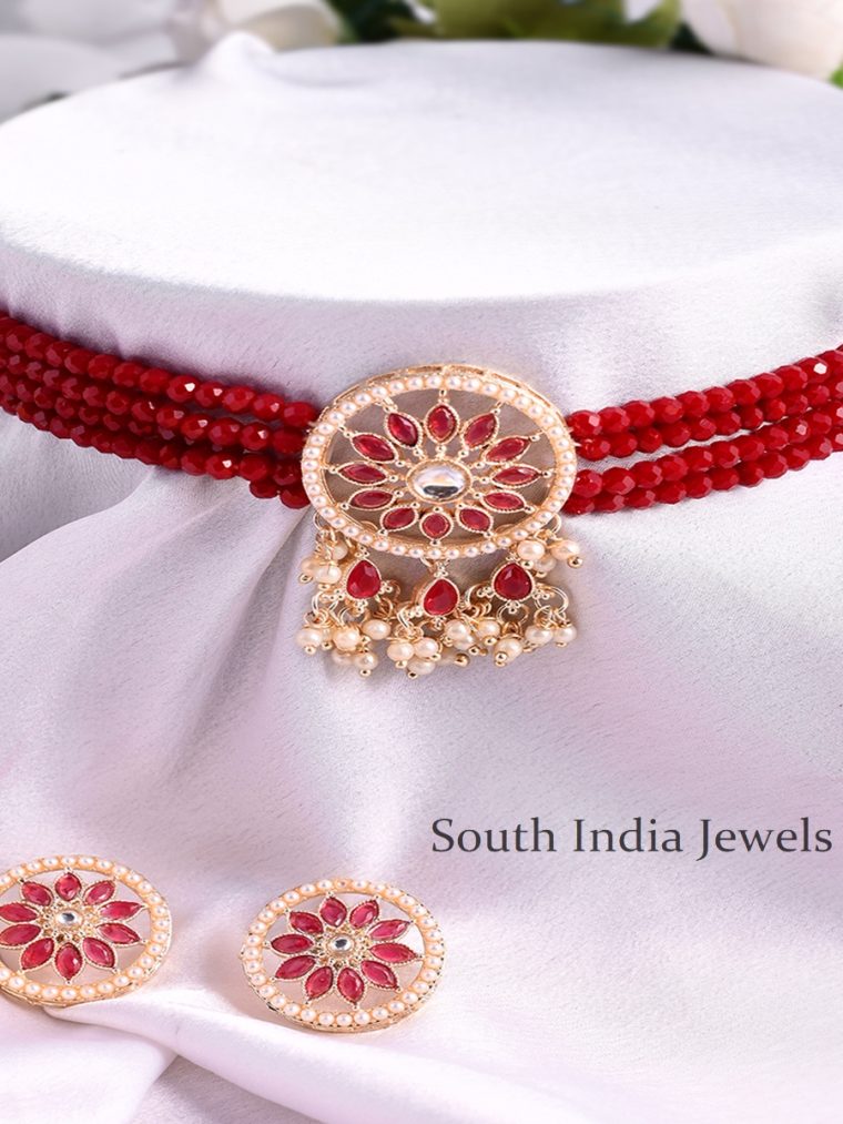 Attractive Red Beaded Choker Necklace Set