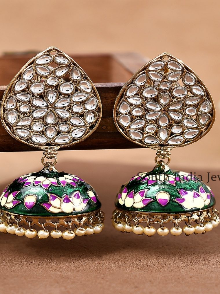 Classic Teardrop Shaped Kundan with Green Meenakari Brass Jhumka Earrings