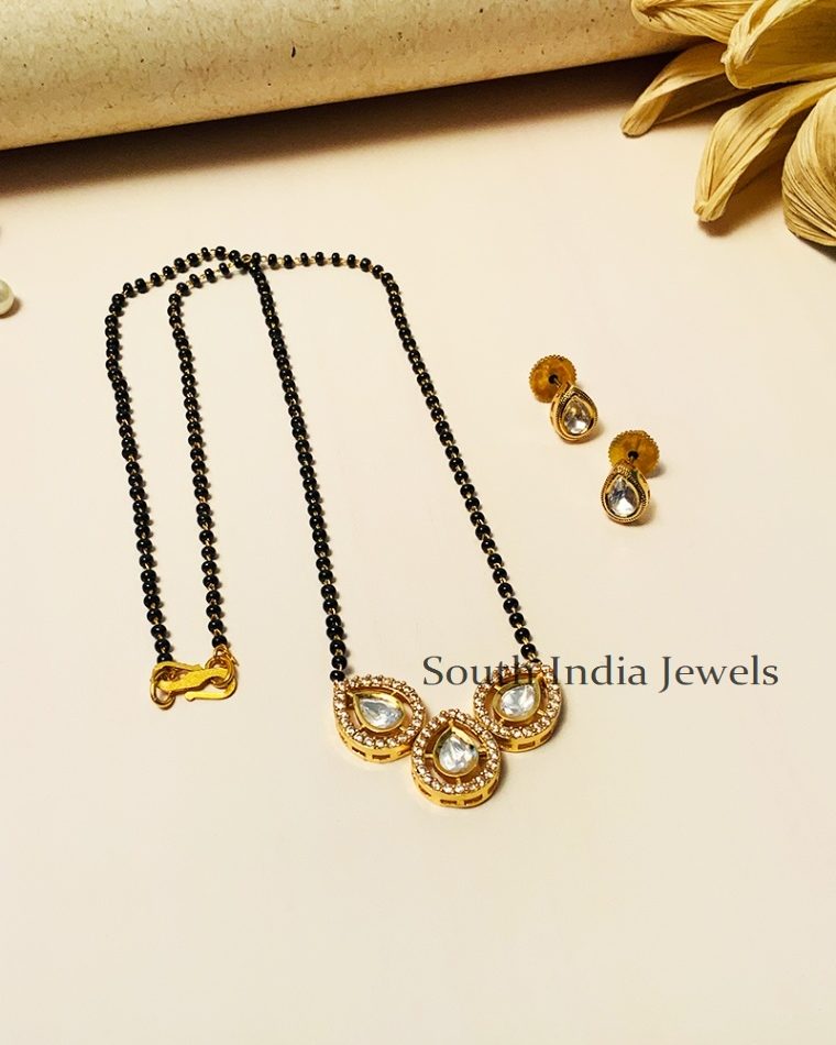 Classy Black Beaded & Kundan Polki Diamond Mangalsutra With Earrings