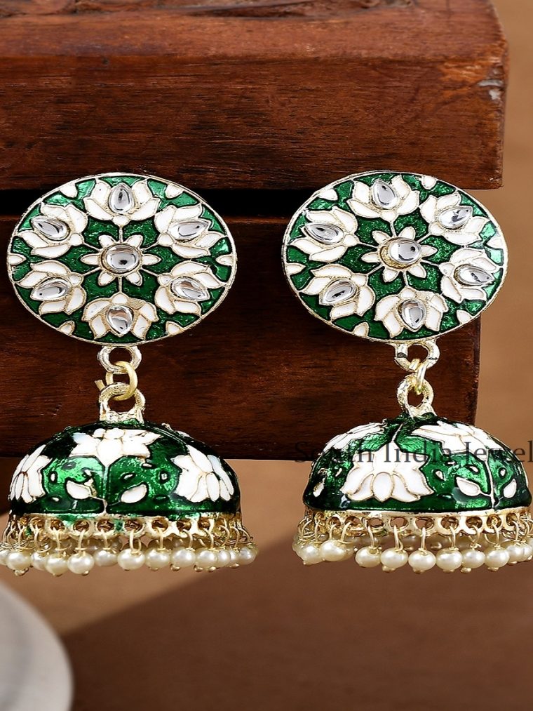 Elegant Dark Green Meenakari Work & Pearls Copper Small Jhumka Earrings