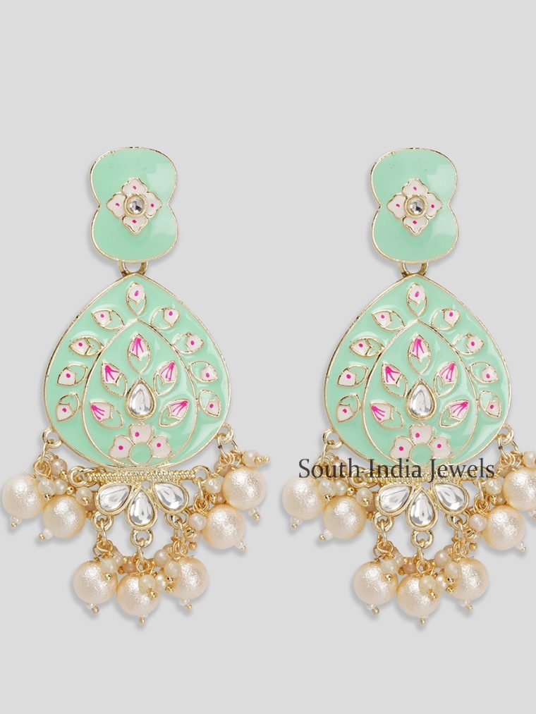 Elegant Pastel Mint Green Meenakari with Beads Drop Brass Earrings