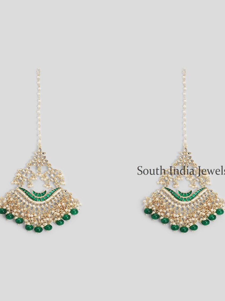 Fantastic Kundan and Meenakari work ChandBali Jhoomar Earrings Brass with Hair ChainsKaan Chain