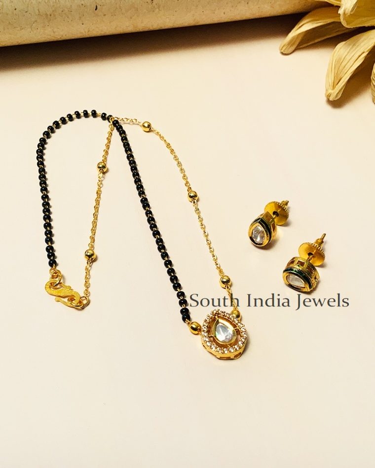 Gorgeous Black Beaded & Kundan Polki Diamond Mangalsutra With Earrings