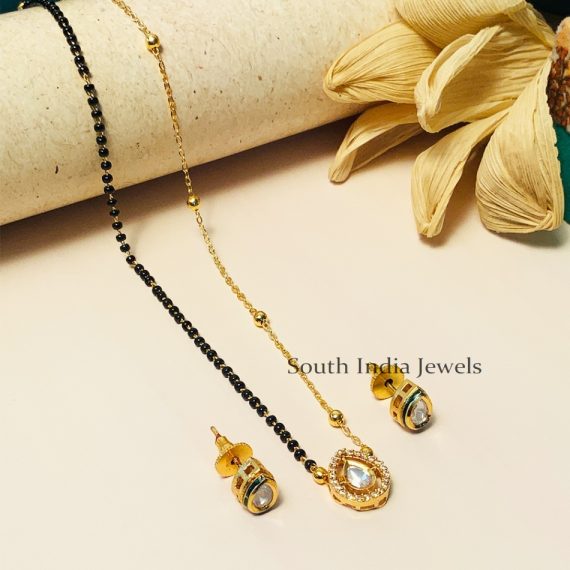 Gorgeous Black Beaded & Kundan Polki Diamond Mangalsutra With Earrings