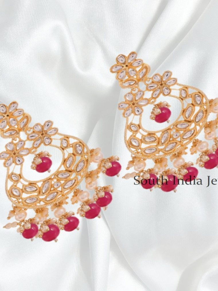 Gorgeous Kundan and Dark Pink stones Chandbali Drop Earrings