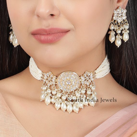 Gorgeous Kundan and Pearls Copper Necklace With Pearls Drops 01