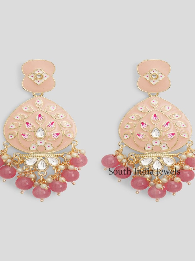 Gorgeous Pastel Pink Meenakari with Beads Drop Brass Earrings